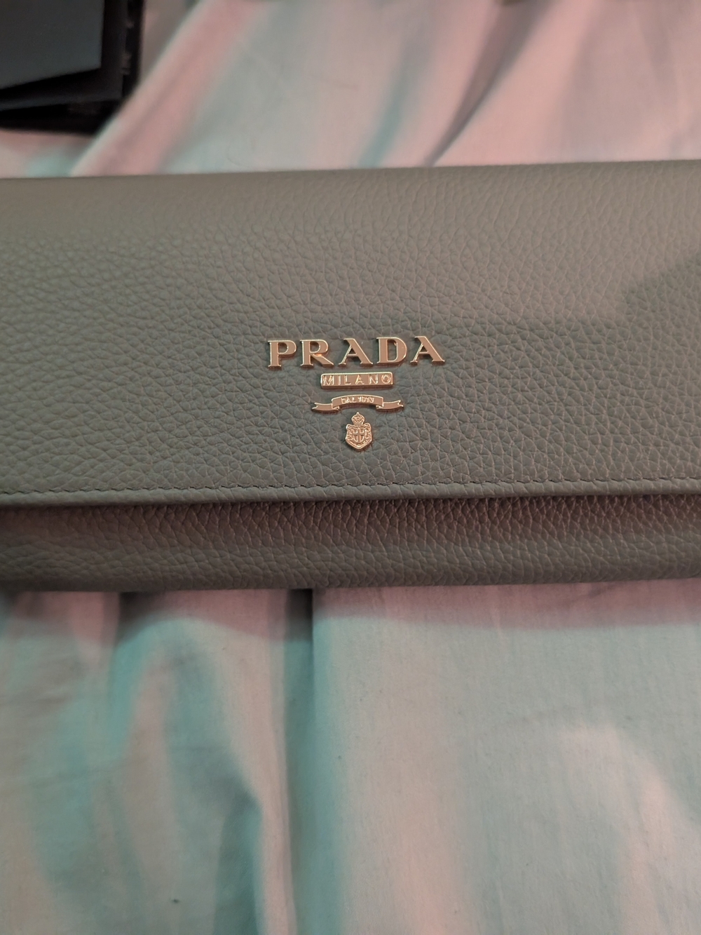 Prada Sage Green Pebbled Leather Wallet with Gold Logo